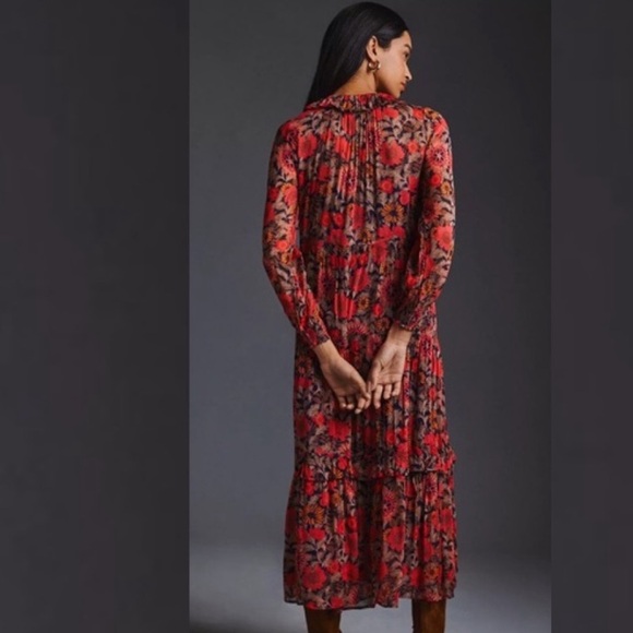 Anthropologie The Marais Red Floral Chiffon Maxi Dress XSP Boho Tiered - Picture 3 of 15